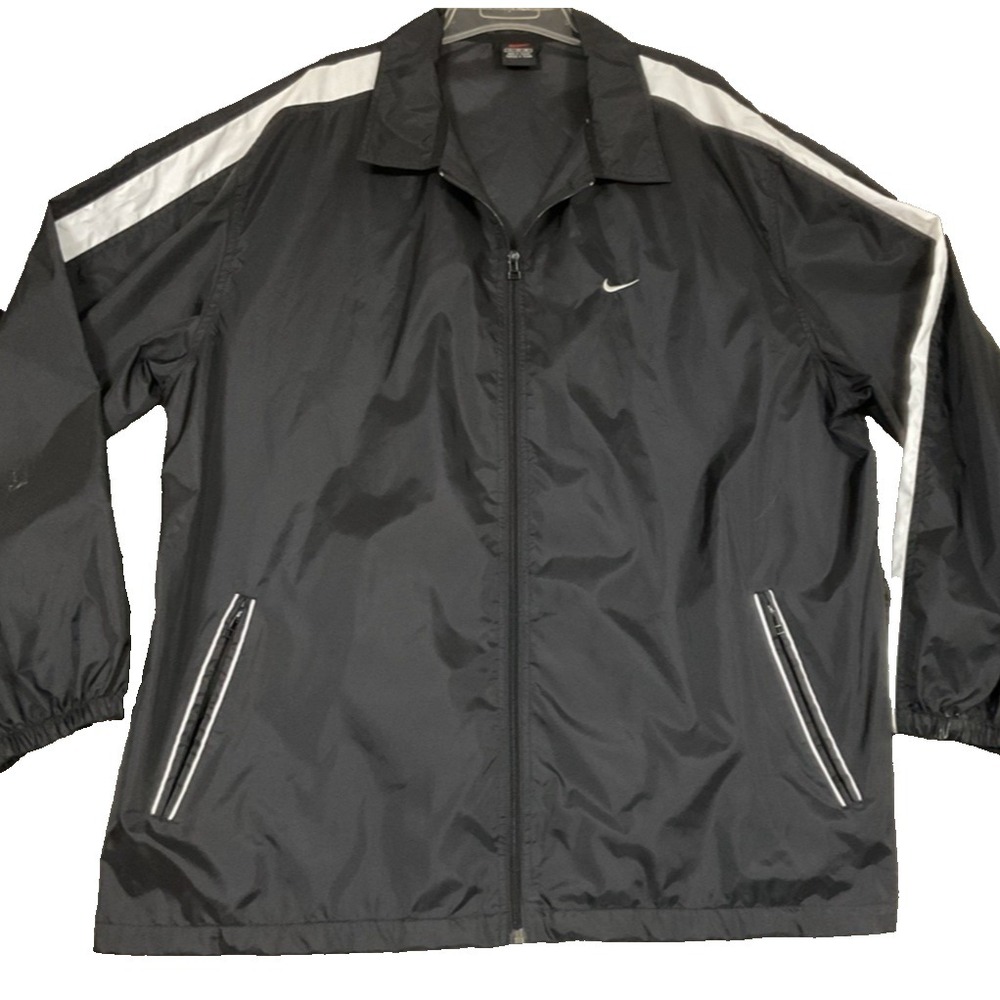 Nike Men's Black Track Jacket Size XL Full Zip Athletic Windbreaker White Stripe